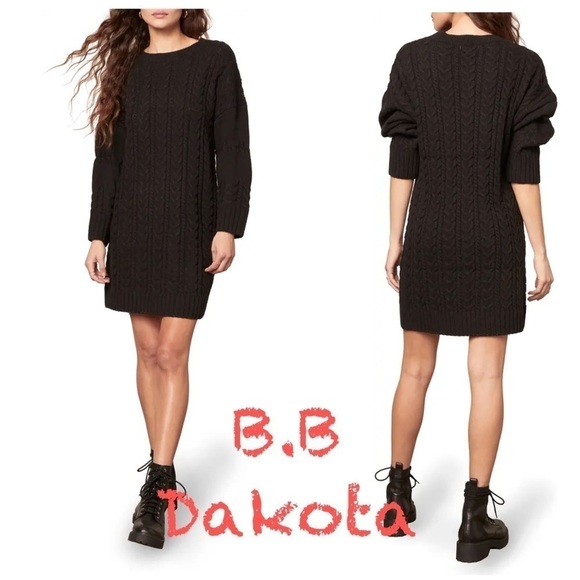 BB DAKOTA Miss Mood Long Sleeve Sweater Dress In Black. Chunky knit, winter - Picture 1 of 11